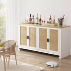 Armario moderno de ratán con 4 puertas tejidas y estante ajustable - Mesa consola y barra de café para cocina, comedor y sala de estar, gabinete decorativo