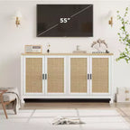 Armario moderno de ratán con 4 puertas tejidas y estante ajustable - Mesa consola y barra de café para cocina, comedor y sala de estar, gabinete decorativo