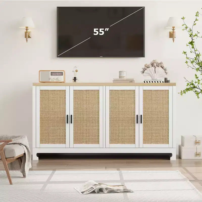 Armario moderno de ratán con 4 puertas tejidas y estante ajustable - Mesa consola y barra de café para cocina, comedor y sala de estar, gabinete decorativo