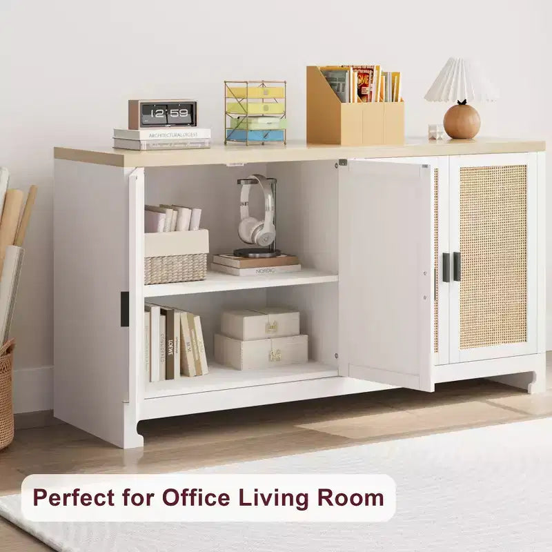 Armario moderno de ratán con 4 puertas tejidas y estante ajustable - Mesa consola y barra de café para cocina, comedor y sala de estar, gabinete decorativo