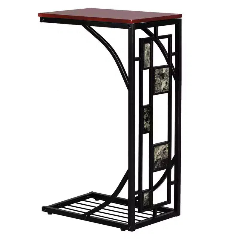 Mesa Auxiliar Desmontada y Montada de una Sola Capa en Forma de C con Tablero de DM Marrón, Estructura de Hierro con Recubrimiento en Polvo Negro, Diseño de Grava