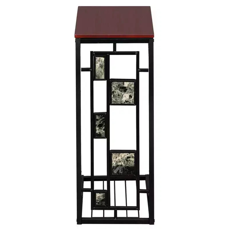 Mesa Auxiliar Desmontada y Montada de una Sola Capa en Forma de C con Tablero de DM Marrón, Estructura de Hierro con Recubrimiento en Polvo Negro, Diseño de Grava