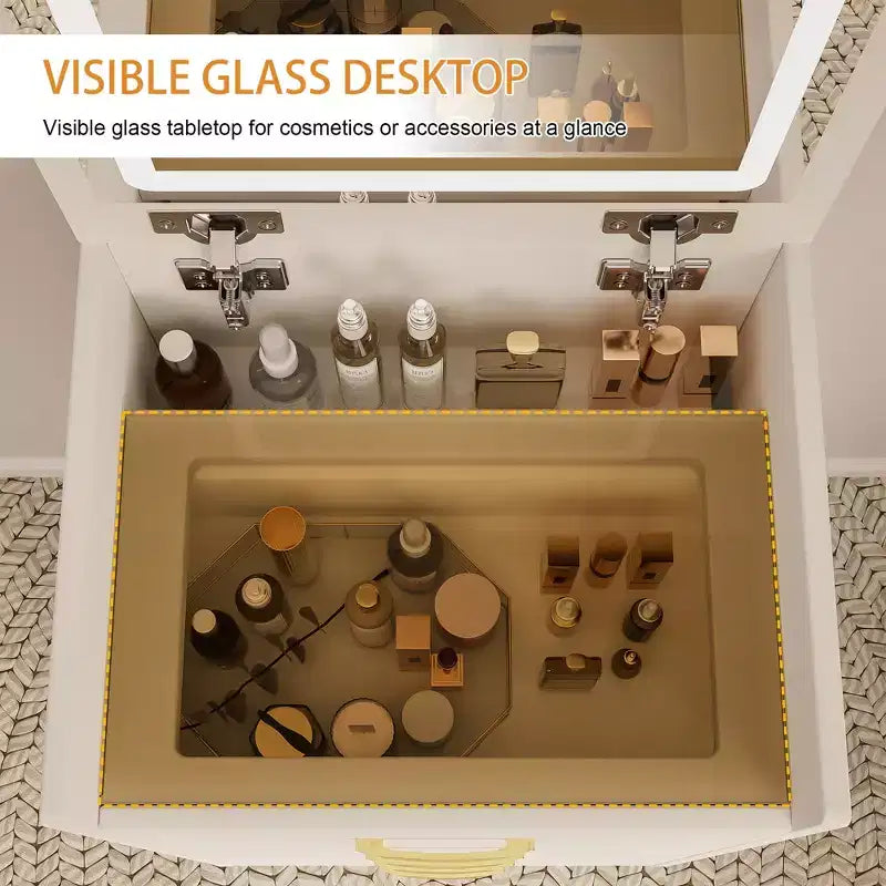 Tocador de maquillaje 3 en 1, tocador compacto con taburete, espejo iluminado, cajones y escritorio de cristal visible, blanco - ModernLuxe
