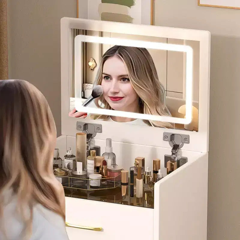 Tocador de maquillaje 3 en 1, tocador compacto con taburete, espejo iluminado, cajones y escritorio de cristal visible, blanco - ModernLuxe