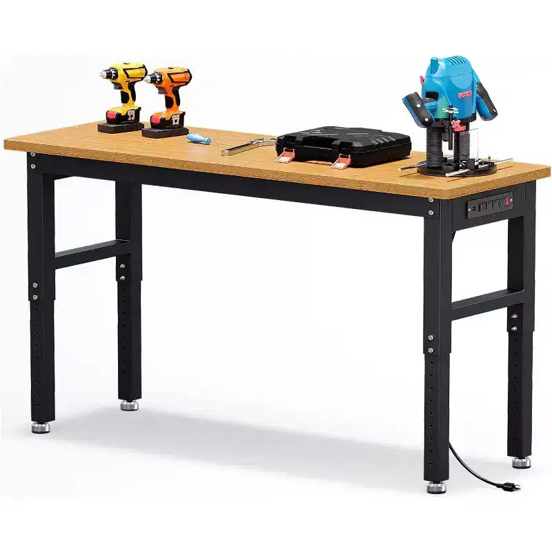 Acekool Banco de trabajo de garaje de altura ajustable de 60" con encimera de madera maciza, capacidad de 2200 lbs, tomas de corriente y patas antideslizantes, resistente