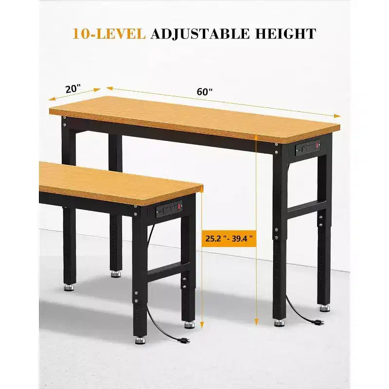 Acekool Banco de trabajo de garaje de altura ajustable de 60" con encimera de madera maciza, capacidad de 2200 lbs, tomas de corriente y patas antideslizantes, resistente