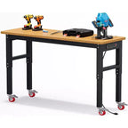 Acekool Banco de trabajo de garaje de altura ajustable de 60" con encimera de madera maciza, capacidad de 2200 lbs, tomas de corriente y patas antideslizantes, resistente