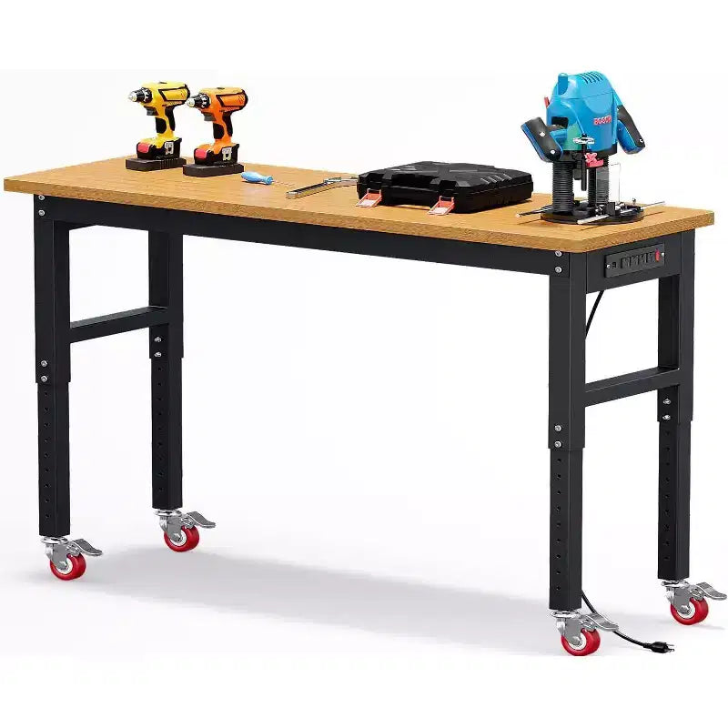 Acekool Banco de trabajo de garaje de altura ajustable de 60" con encimera de madera maciza, capacidad de 2200 lbs, tomas de corriente y patas antideslizantes, resistente
