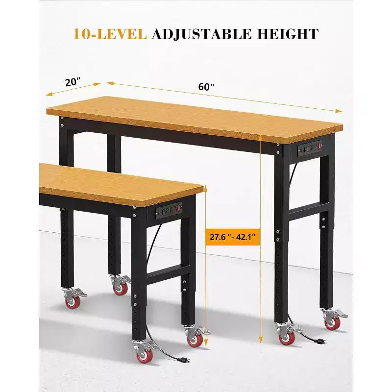 Acekool Banco de trabajo de garaje de altura ajustable de 60" con encimera de madera maciza, capacidad de 2200 lbs, tomas de corriente y patas antideslizantes, resistente