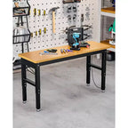 Acekool 60 Adjustable Height Garage Workbench with Solid Wood Top, 2200 lbs Capacity, Power Outlets & Non-Slip Feet, Heavy Duty