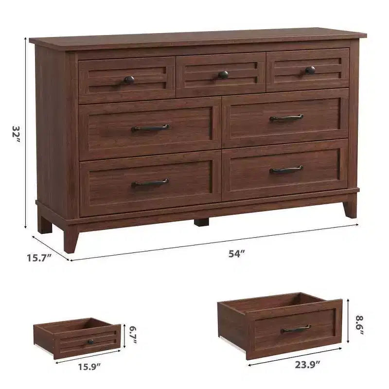 Coolmee cómoda de 7 cajones para dormitorio, tocador rústico de madera con textura natural, cómoda de almacenamiento organizadora para dormitorio, sala de estar