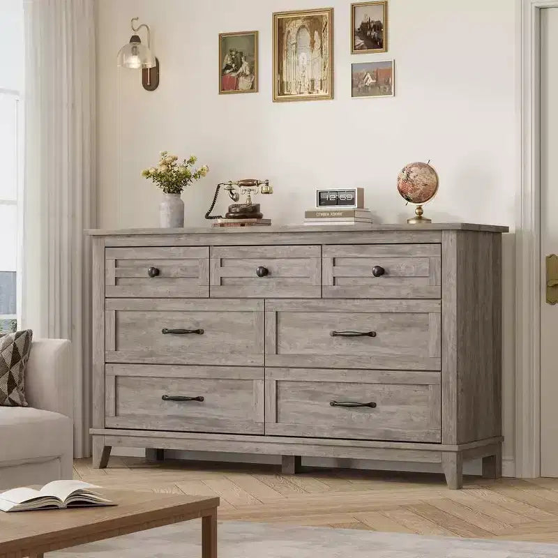 Coolmee cómoda de 7 cajones para dormitorio, tocador rústico de madera con textura natural, cómoda de almacenamiento organizadora para dormitorio, sala de estar
