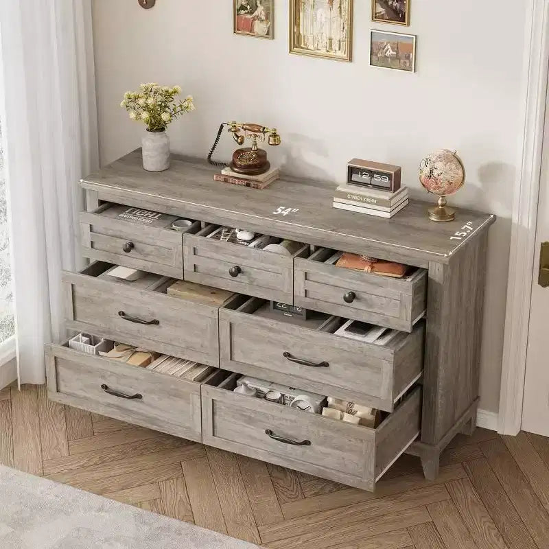 Coolmee cómoda de 7 cajones para dormitorio, tocador rústico de madera con textura natural, cómoda de almacenamiento organizadora para dormitorio, sala de estar