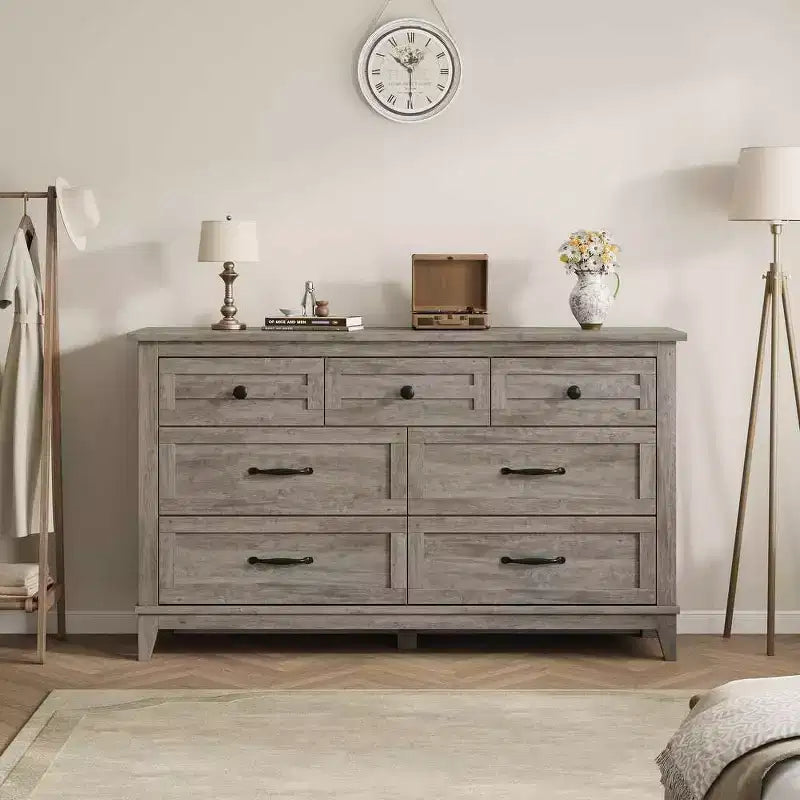 Coolmee cómoda de 7 cajones para dormitorio, tocador rústico de madera con textura natural, cómoda de almacenamiento organizadora para dormitorio, sala de estar