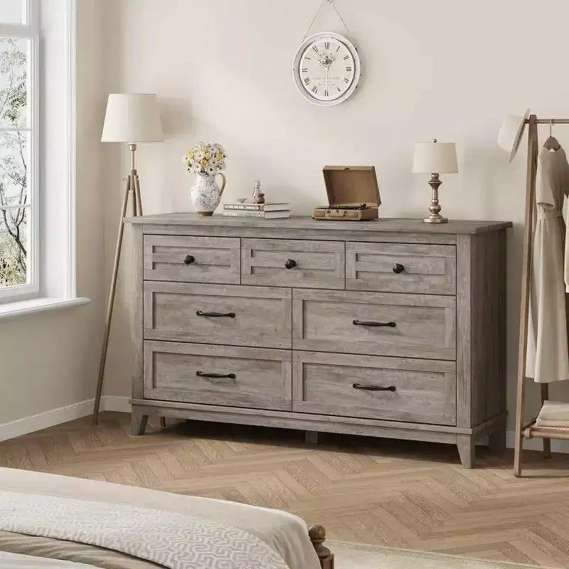 Coolmee cómoda de 7 cajones para dormitorio, tocador rústico de madera con textura natural, cómoda de almacenamiento organizadora para dormitorio, sala de estar