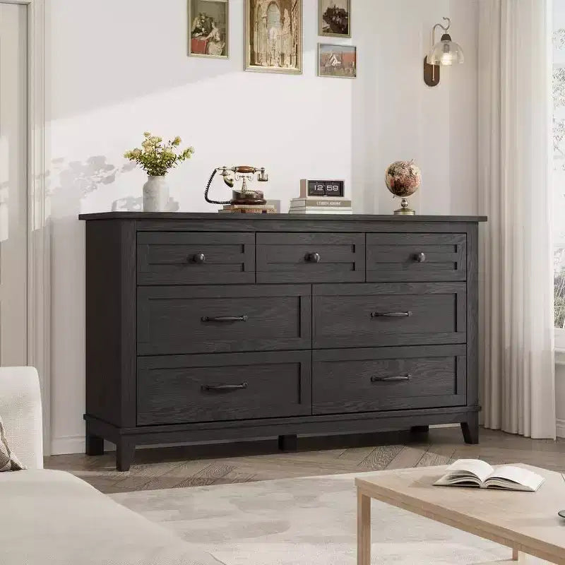 Coolmee cómoda de 7 cajones para dormitorio, tocador rústico de madera con textura natural, cómoda de almacenamiento organizadora para dormitorio, sala de estar