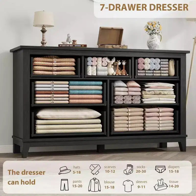 Coolmee cómoda de 7 cajones para dormitorio, tocador rústico de madera con textura natural, cómoda de almacenamiento organizadora para dormitorio, sala de estar