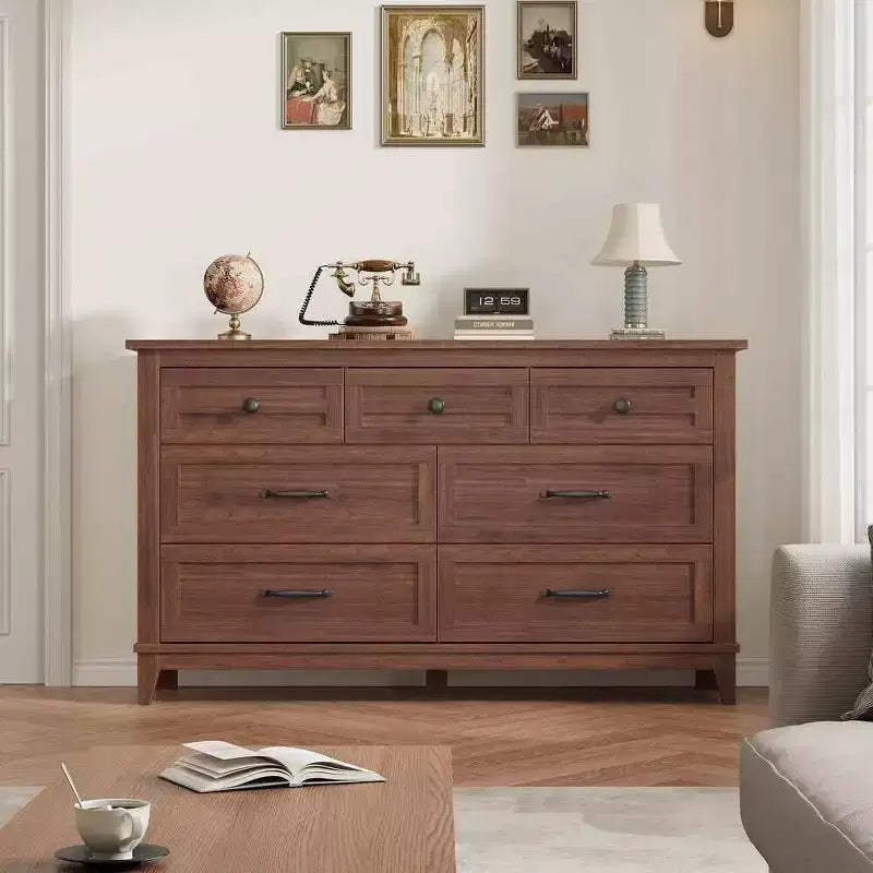 Coolmee cómoda de 7 cajones para dormitorio, tocador rústico de madera con textura natural, cómoda de almacenamiento organizadora para dormitorio, sala de estar