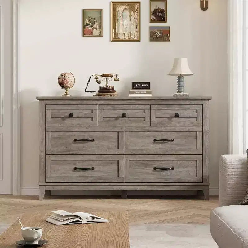 Coolmee cómoda de 7 cajones para dormitorio, tocador rústico de madera con textura natural, cómoda de almacenamiento organizadora para dormitorio, sala de estar
