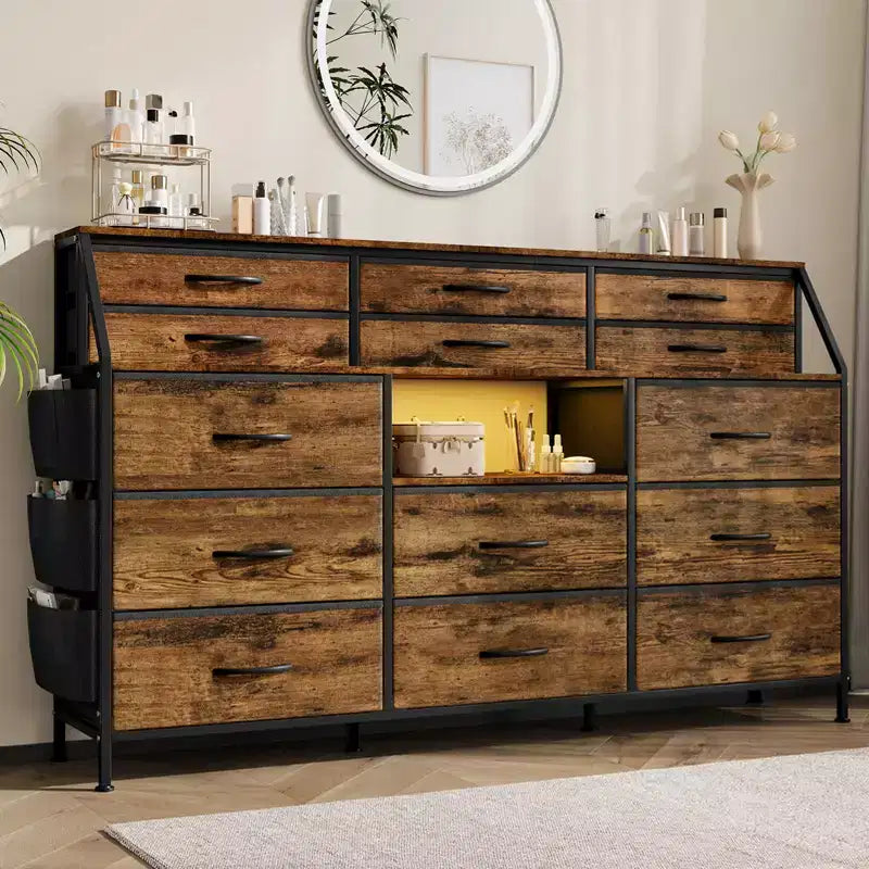 Cómoda para dormitorio con 14 cajones, cómoda de 55 pulgadas de ancho con bolsillo lateral, cómodas de tela con estantes, marco resistente, tapa de madera
