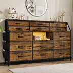 Cómoda para dormitorio con 14 cajones, cómoda de 55 pulgadas de ancho con bolsillo lateral, cómodas de tela con estantes, marco resistente, tapa de madera