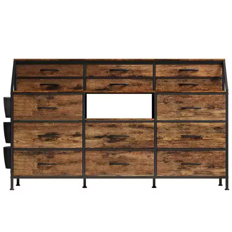 Cómoda para dormitorio con 14 cajones, cómoda de 55 pulgadas de ancho con bolsillo lateral, cómodas de tela con estantes, marco resistente, tapa de madera