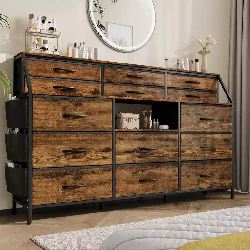 Cómoda para dormitorio con 14 cajones, cómoda de 55 pulgadas de ancho con bolsillo lateral, cómodas de tela con estantes, marco resistente, tapa de madera