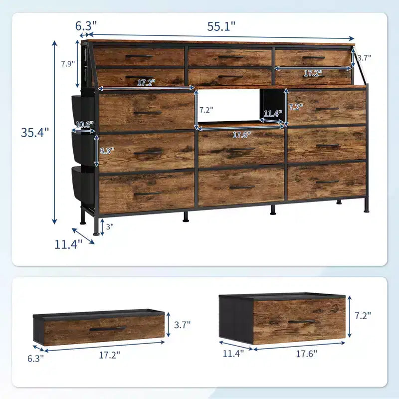 Cómoda para dormitorio con 14 cajones, cómoda de 55 pulgadas de ancho con bolsillo lateral, cómodas de tela con estantes, marco resistente, tapa de madera