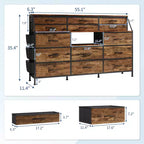 Cómoda para dormitorio con 14 cajones, cómoda de 55 pulgadas de ancho con bolsillo lateral, cómodas de tela con estantes, marco resistente, tapa de madera