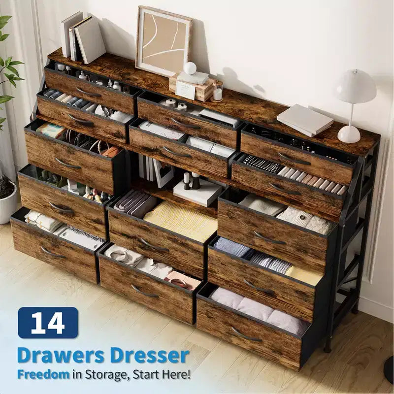 Cómoda para dormitorio con 14 cajones, cómoda de 55 pulgadas de ancho con bolsillo lateral, cómodas de tela con estantes, marco resistente, tapa de madera