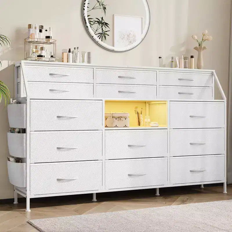 Cómoda para dormitorio con 14 cajones, cómoda de 55 pulgadas de ancho con bolsillo lateral, cómodas de tela con estantes, marco resistente, tapa de madera