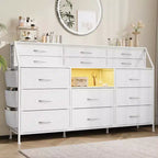 Cómoda para dormitorio con 14 cajones, cómoda de 55 pulgadas de ancho con bolsillo lateral, cómodas de tela con estantes, marco resistente, tapa de madera