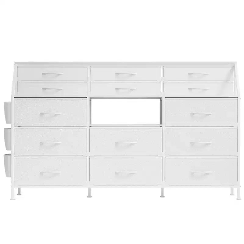 Cómoda para dormitorio con 14 cajones, cómoda de 55 pulgadas de ancho con bolsillo lateral, cómodas de tela con estantes, marco resistente, tapa de madera