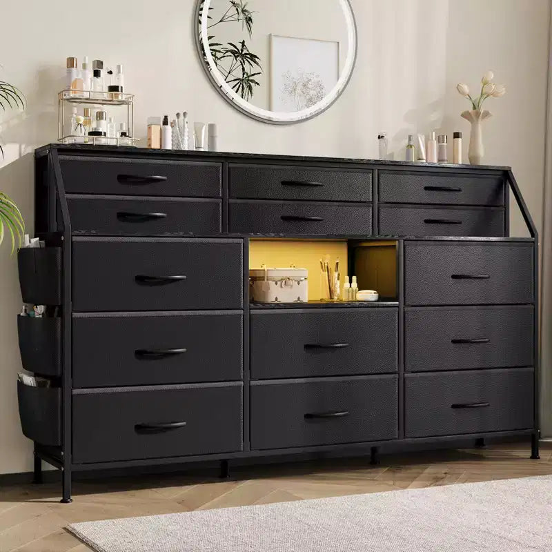 Cómoda para dormitorio con 14 cajones, cómoda de 55 pulgadas de ancho con bolsillo lateral, cómodas de tela con estantes, marco resistente, tapa de madera