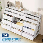 Cómoda para dormitorio con 14 cajones, cómoda de 55 pulgadas de ancho con bolsillo lateral, cómodas de tela con estantes, marco resistente, tapa de madera