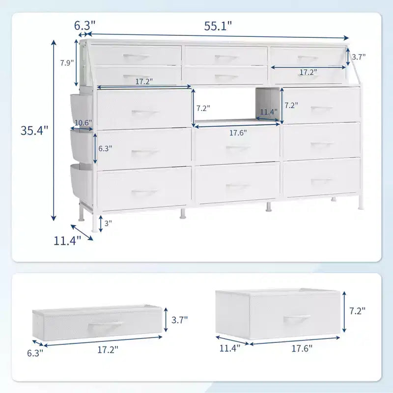Cómoda para dormitorio con 14 cajones, cómoda de 55 pulgadas de ancho con bolsillo lateral, cómodas de tela con estantes, marco resistente, tapa de madera