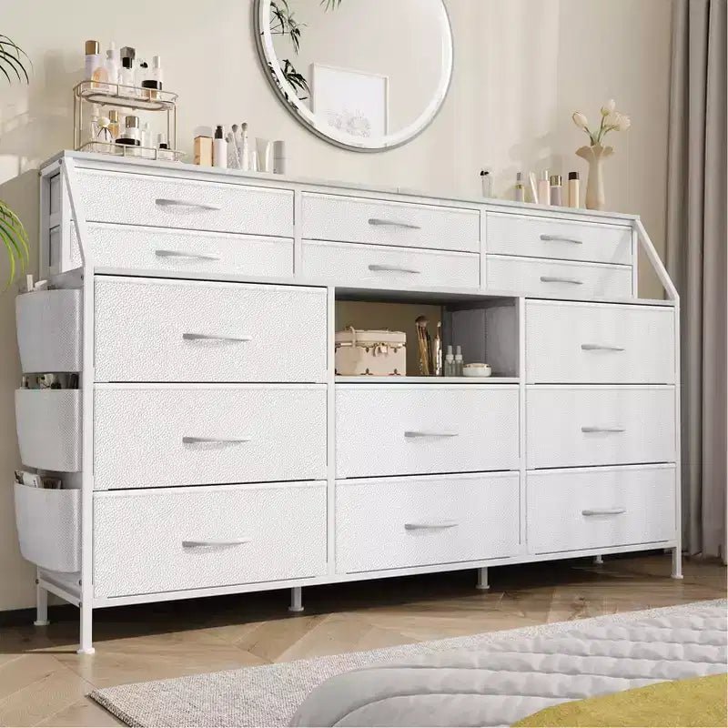 Cómoda para dormitorio con 14 cajones, cómoda de 55 pulgadas de ancho con bolsillo lateral, cómodas de tela con estantes, marco resistente, tapa de madera