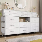 Cómoda para dormitorio con 14 cajones, cómoda de 55 pulgadas de ancho con bolsillo lateral, cómodas de tela con estantes, marco resistente, tapa de madera