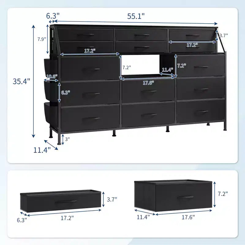 Cómoda para dormitorio con 14 cajones, cómoda de 55 pulgadas de ancho con bolsillo lateral, cómodas de tela con estantes, marco resistente, tapa de madera