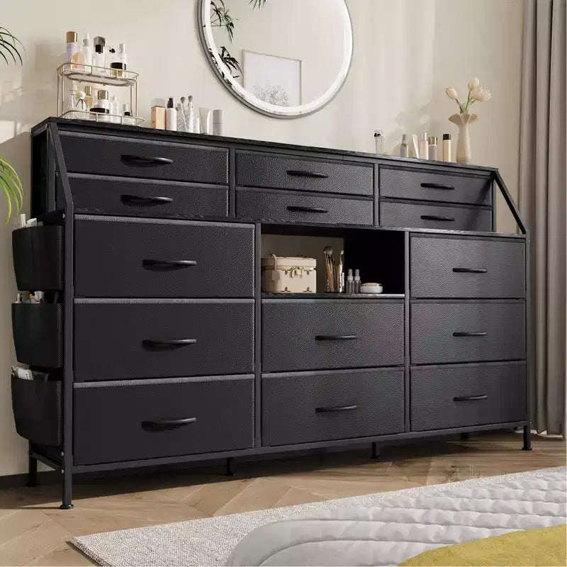 Cómoda para dormitorio con 14 cajones, cómoda de 55 pulgadas de ancho con bolsillo lateral, cómodas de tela con estantes, marco resistente, tapa de madera