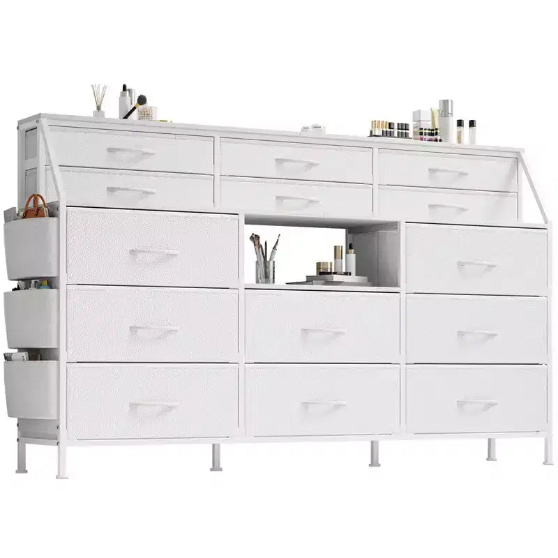 Cómoda para dormitorio con 14 cajones, cómoda de 55 pulgadas de ancho con bolsillo lateral, cómodas de tela con estantes, marco resistente, tapa de madera