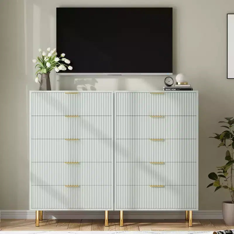 Cómoda TROPOW verde, cómoda moderna de 5 cajones para dormitorio con tiradores dorados y cajones grandes, cómoda doble de madera, verde