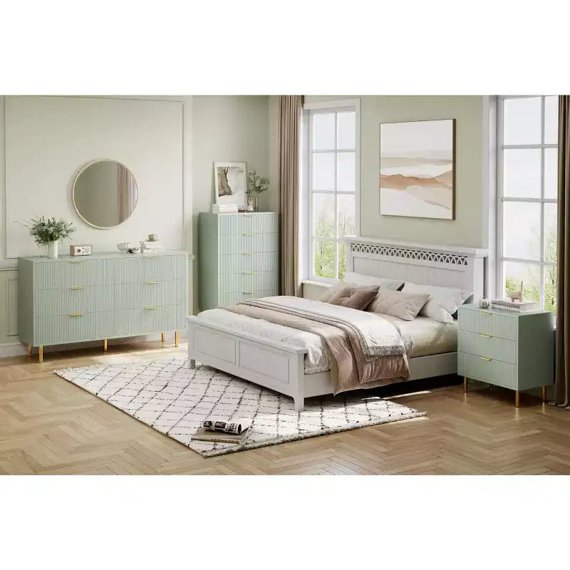 Cómoda TROPOW verde, cómoda moderna de 5 cajones para dormitorio con tiradores dorados y cajones grandes, cómoda doble de madera, verde