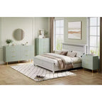 Cómoda TROPOW verde, cómoda moderna de 5 cajones para dormitorio con tiradores dorados y cajones grandes, cómoda doble de madera, verde