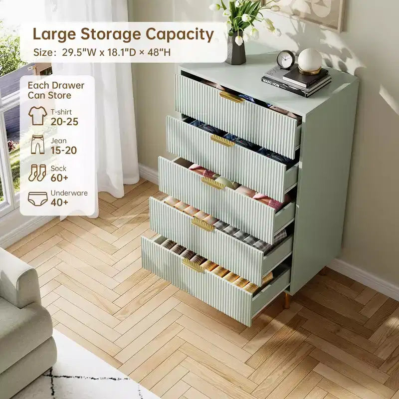 Cómoda TROPOW verde, cómoda moderna de 5 cajones para dormitorio con tiradores dorados y cajones grandes, cómoda doble de madera, verde