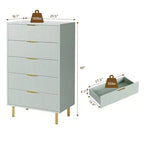 Cómoda TROPOW verde, cómoda moderna de 5 cajones para dormitorio con tiradores dorados y cajones grandes, cómoda doble de madera, verde