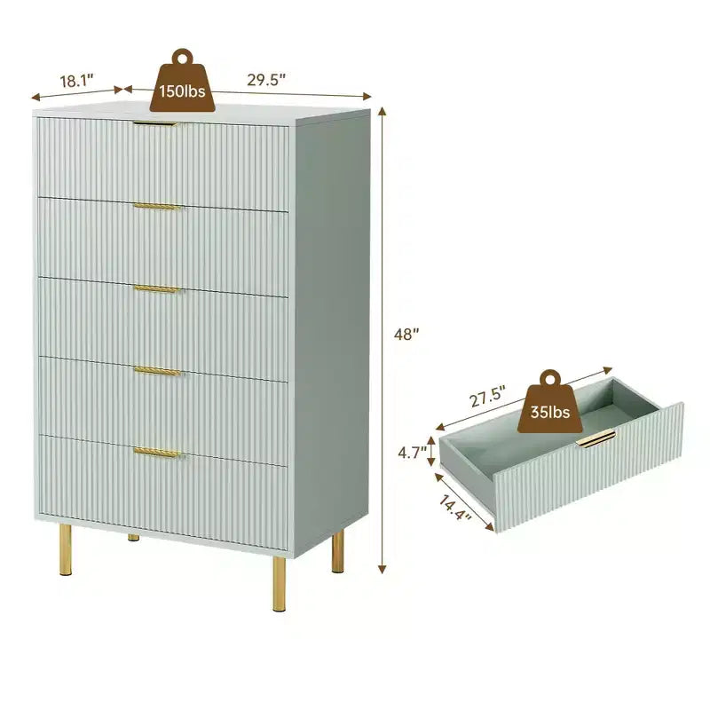 Cómoda TROPOW verde, cómoda moderna de 5 cajones para dormitorio con tiradores dorados y cajones grandes, cómoda doble de madera, verde