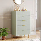 Cómoda TROPOW verde, cómoda moderna de 5 cajones para dormitorio con tiradores dorados y cajones grandes, cómoda doble de madera, verde