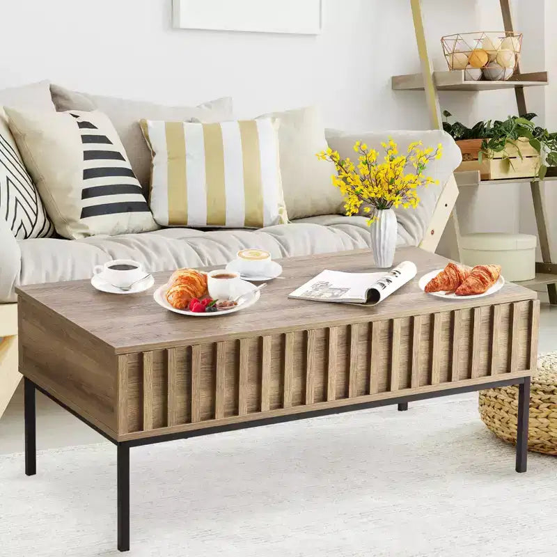 Mesa de centro elevable, mesa de centro moderna de mediados de siglo, mesa de centro de madera estilo rústico con compartimento de almacenamiento oculto, mesa de centro rústica