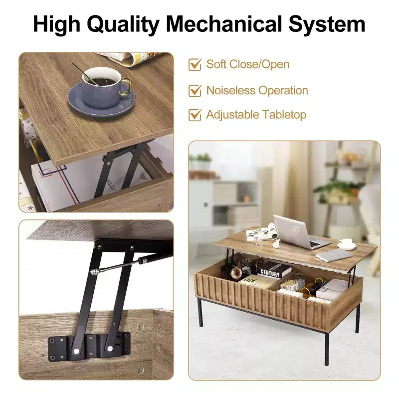 Mesa de centro elevable, mesa de centro moderna de mediados de siglo, mesa de centro de madera estilo rústico con compartimento de almacenamiento oculto, mesa de centro rústica